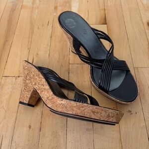 Cole Haan Black Strappy Cork Chunky Wedge Heel Sandals Womens Size 9.5